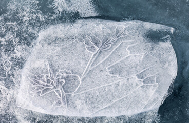 Top view of surface of the ice floe with natural amazing pattern of white flower from lines of...