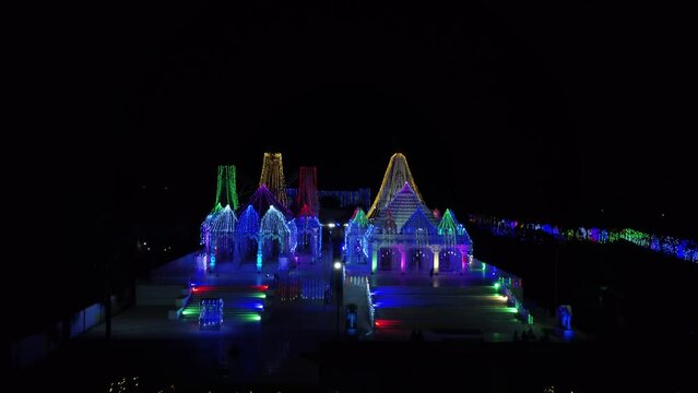 Tirupati, Sri Brahmrishi Ashram, India 4th March 2022: A drone shot of a beautiful Indian Hindu temple. Devi Devta. Indian Gods. Laxmi Narayan and Jain temple side by side. 