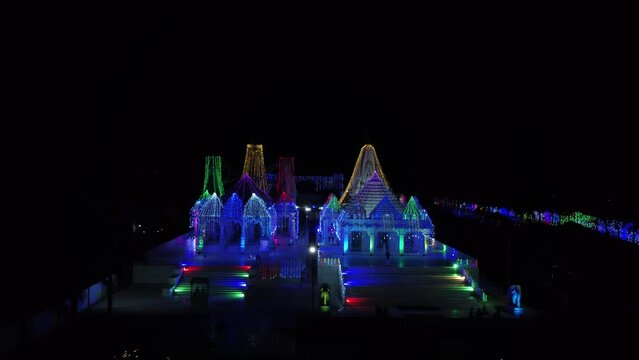 Tirupati, Sri Brahmrishi Ashram, India 4th March 2022: A drone shot of a beautiful Indian Hindu temple. Devi Devta. Indian Gods. Laxmi Narayan and Jain temple side by side. 