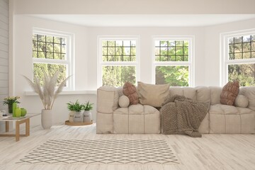 Minimalist living room in white color with sofa and summer landscape in window. Scandinavian interior design. 3D illustration