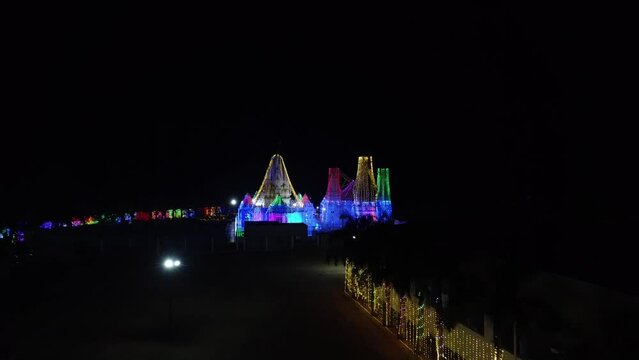 Tirupati, Sri Brahmrishi Ashram, India 4th March 2022: A drone shot of a beautiful Indian Hindu temple. Devi Devta. Indian Gods. Laxmi Narayan and Jain temple side by side. 