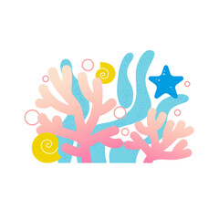 Background of marine elements with shells, algae, starfish and corals. Scene of the natural underwater world. Vector flat design.