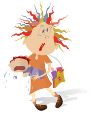 Upset young woman holds a crying baby illustration. Upset young woman cannot soothe her crying baby isolated on white illustration