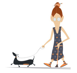 Cartoon senior woman walks with a walking stick and the dog illustration isolated. Old woman, dog and cane isolated on white illustration