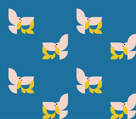 Doves of peace pattern. Vector pattern in blue and yellow.