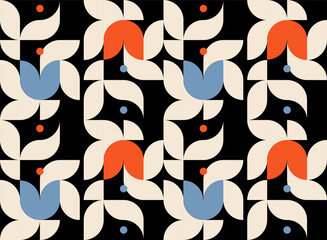 Pattern with flowers and leaves. Bauhaus pattern in black, beige, blue and orange colors.  For banners, covers, backgrounds, poster art, textile design, decorative prints, invitation letters, packagin