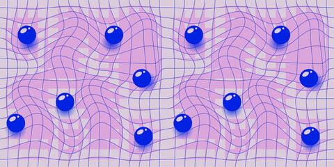 Pattern with graphic waves and balls. Vector pattern in grey, pink and blue.  For banners, covers, backgrounds, poster art, textile design, decorative prints, invitation letters, packaging etc.