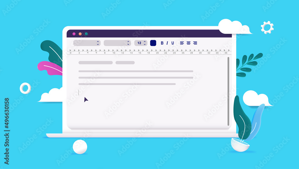 Poster text edit and writing software on laptop computer screen with blue background. vector illustration