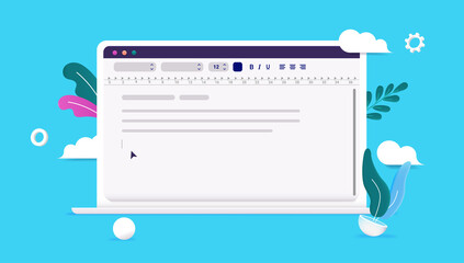 Text edit and writing software on laptop computer screen with blue background. Vector illustration