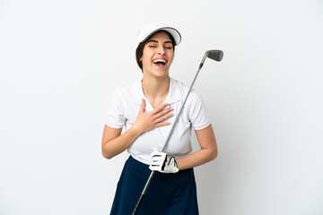 Handsome young golfer player woman isolated on white background smiling a lot