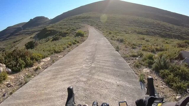 Bike ride along asphalt road outdoors in nature parkland on sunny day, first person view 	