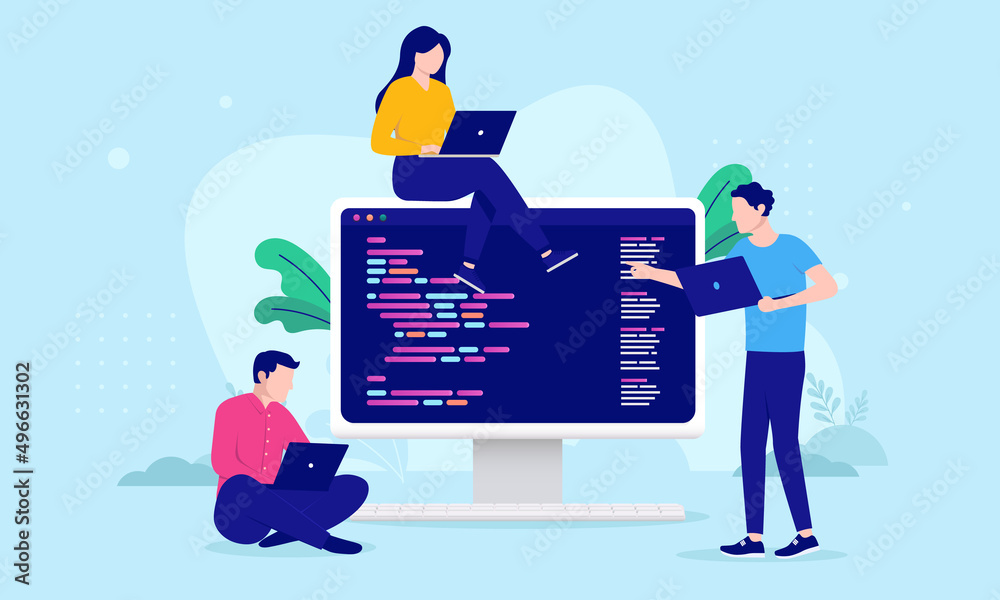 Leinwandbilder Digital development people - Three characters working on computer with code language doing programming. Flat design vector illustration with blue background