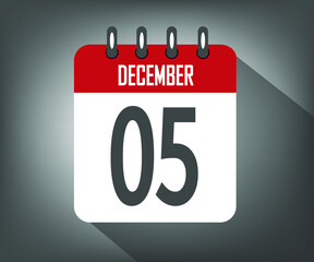 Icon day 5 december, red calendar template with gray background