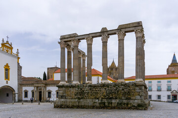 view of the historic Roman temple in the old city center of Evora