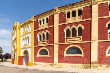 view of the colorful and historic bullfighting arena in Merida