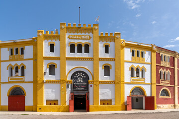 view of the colorful and historic bullfighting arena in Merida
