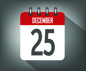 Icon day 25 december, red calendar template with gray background