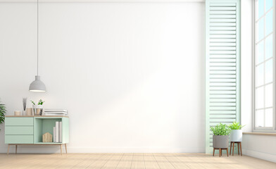 Minimalist interior of empty room with sideboard and white wall.3d rendering