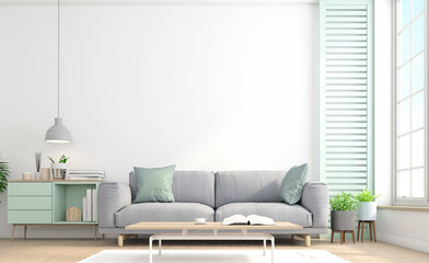 Minimalist living room interior with sofa and green plants,hanging lamp,sideboard on white wall background.3d rendering
