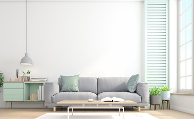 Minimalist living room interior with sofa and green plants,hanging lamp,sideboard on white wall background.3d rendering