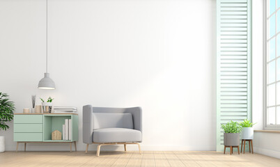 Minimalist interior of living room with armchair and table on white wall. 3d rendering