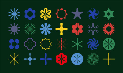 Set of simple abstract vector objects of flowers and stars.