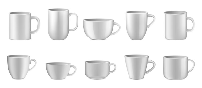 Coffee cups mock up. Ceramic 3D mug template. Vector blankn teacups set