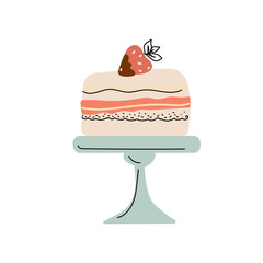Birthday Cake and dessert in cake stands, cartoon doodle hand drawn style vector art.