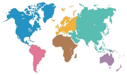 世界地図 　六大州　色分け　ベクター