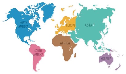 世界地図　六大州　色分け　ベクター © Dessart