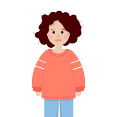 Vector Cartoon Curly Brown Hair Girl in Pink Sweater. Flat Illustration Isolated on White Background.