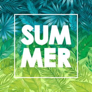 Summer word with on tropical hand drawn pattern of jungle plants. Vector typography design of lettering with sketch texture of green leaf of palm tree. Summer green gradient jungle pattern background