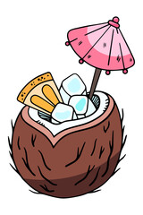 Coconut drink with ice, an element of a vector summer design in the style of doodles, isolated on a white background