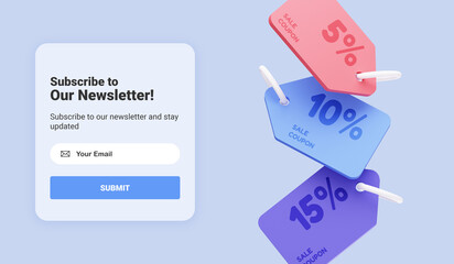 Subscribe to newsletter and get a discount code coupons for your purchases. Email business marketing concept. Subscription to news and promotions. Registration form. Web button mockup. 3D Rendering - obrazy, fototapety, plakaty