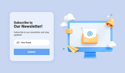 Subscribe to newsletter banner template. Computer monitor with letter in envelope. Subscription to news and promotions. Online email marketing and business web page. UI mockup. 3D Rendering