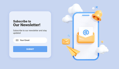 Subscribe to newsletter banner template. Mobile phone with letter in envelope. Subscription to news and promotions. Online email newsletter. Marketing and business web page. UI mockup. 3D Rendering - obrazy, fototapety, plakaty