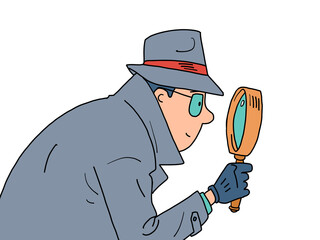 Detective and Magnifying Glass. a private detective, a man in a coat, hat and glasses
