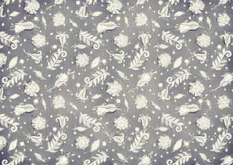 Raster illustration. Gray floral ornament. Retro background for packaging, wrapping, postcard or scrapbooking design.
