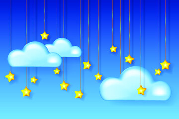Night sky. White clouds and golden stars on night sky background