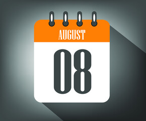 Icon day 8 august, orange calendar template with gray background