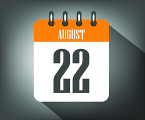 Icon day 22 august, orange calendar template with gray background