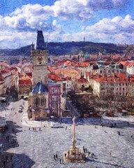 Obraz premium Digital painting modern artistic artwork, Prague Czechia, drawing in oil European famous old street view, beautiful old vintage houses, design print for canvas or paper poster, touristic production