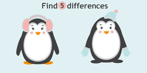 children's puzzle for kids find 5 differences in penguins vector drawing on a white background