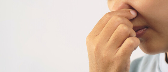 A foul smell when breathing may be caused by. 1. Infections in the nasal cavity such as colds, flu, sinusitis.