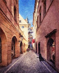 Digital painting modern artistic artwork, Prague Czechia, drawing in oil European famous old street view, beautiful old vintage houses, design print for canvas or paper poster, touristic production