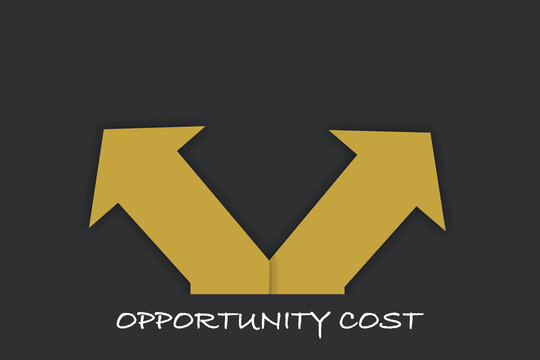 Opportunity cost with yellow arrow on grey background. Business development success concept and making money with saving idea
