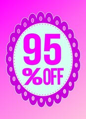 -95 percent discount. 95% discount. Up to 95%. Pink banner with floating balloon for promotions and offers. Vector. Discount and offer board.