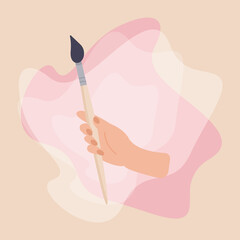 Woman hands holding paintbrush. Concept of creativity and art.  Vector illustration of hands with art supply. Hand drawn  style. Handmade workshop, art school and studio. Artist lifestyle, art shop