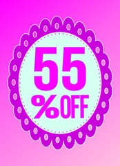 -55 percent discount. 55% discount. Up to 55%. Pink banner with floating balloon for promotions and offers. Vector. Discount and offer board