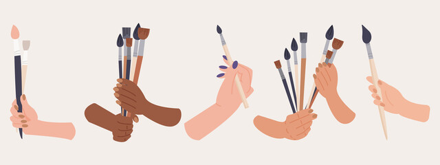 Set of illustrations of woman’s hands holding art supplies. Hand drawn style. Concept of art shop, handmade workshop, tutorial or art school. Hand, palm, nails, wrist, fingers. Vector illustration